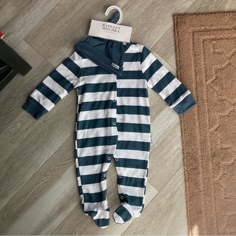 Badgley Mischka baby striped footie onesie zip up with adorable hat